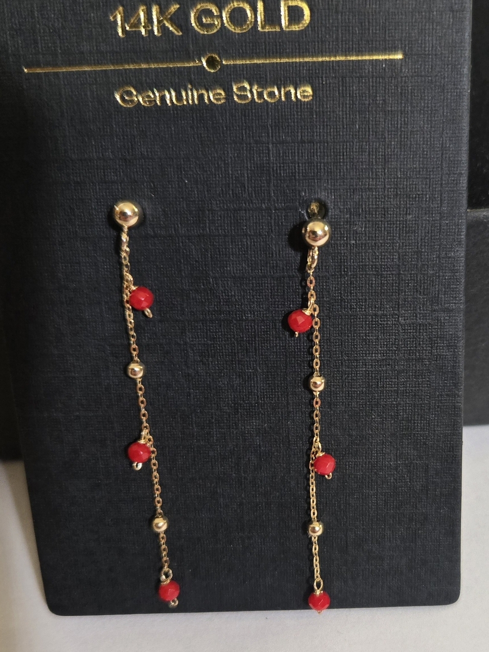 14kt Solid Yellow Gold Genuine Coral Beads Chain Earrings